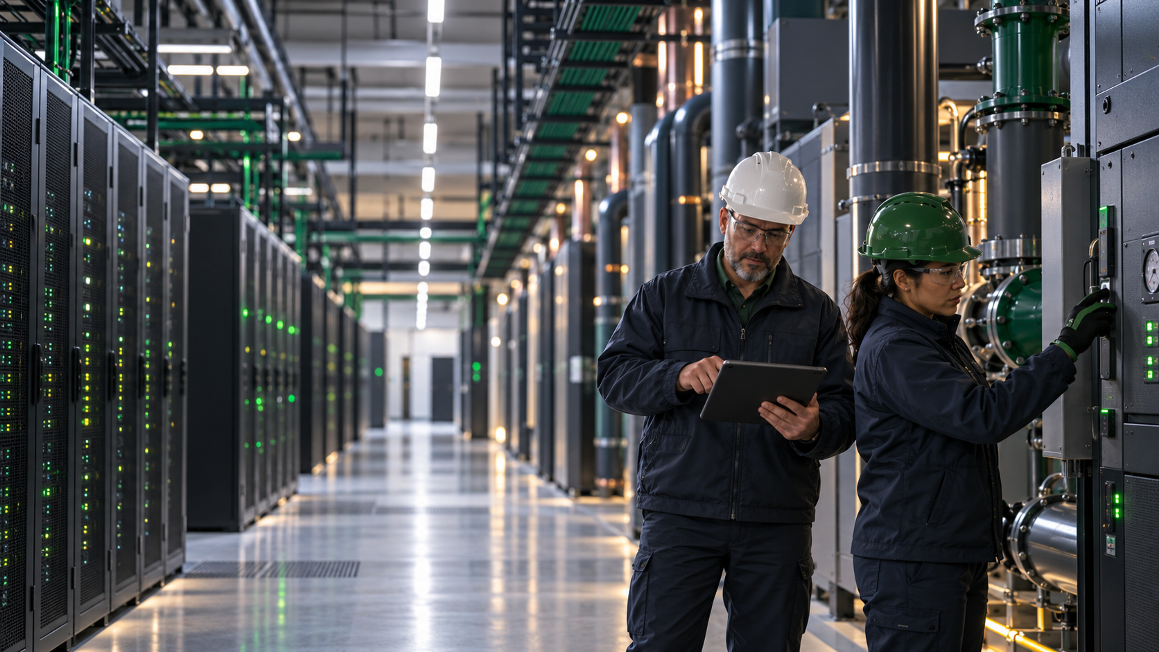 Data-infrastructure technicians performing planned maintenance inside an operational mission-critical facility