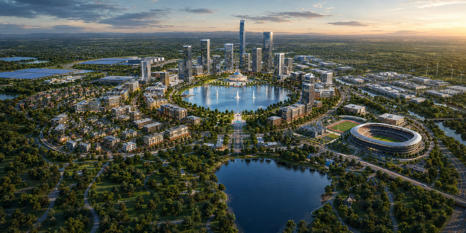 Future-ready city with infrastructure, industry, neighborhoods, green space, lakes, and a central business district