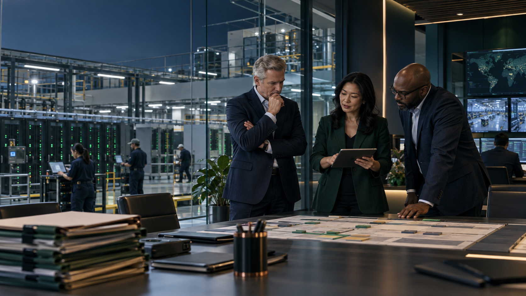 Senior leaders reviewing operational decisions above a working data-infrastructure facility