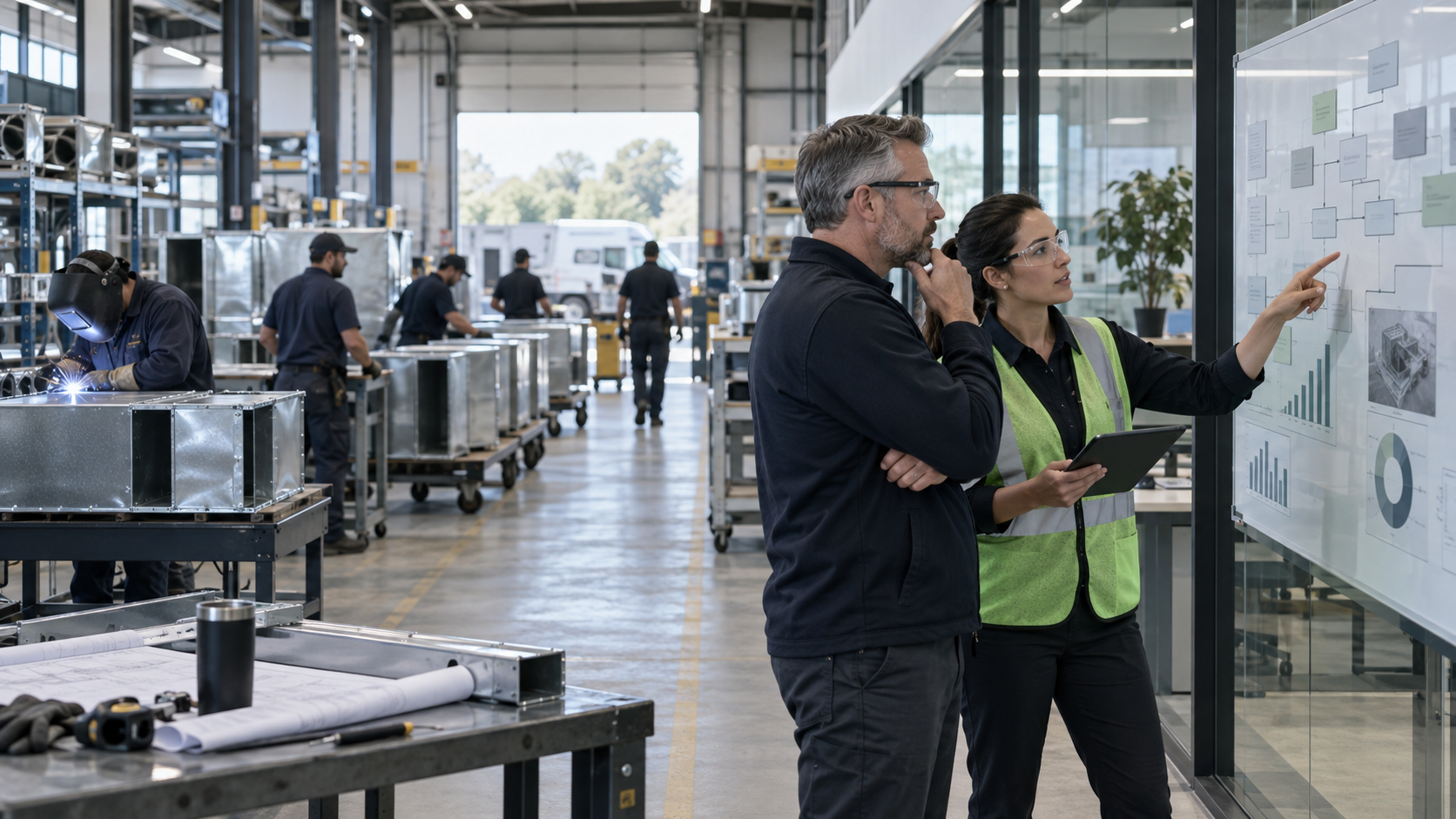Operations leaders diagnosing flow constraints inside a field-service production facility