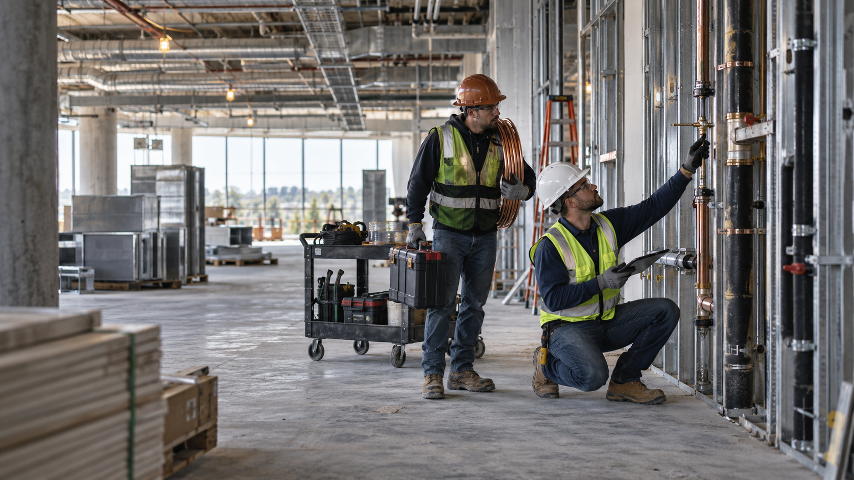 Two skilled trade technicians revisiting mechanical work inside a commercial construction project